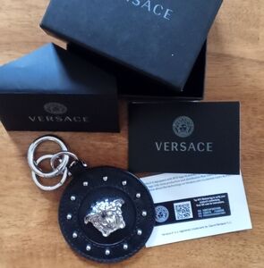 New Versace Black Keychain with Silver Medusa